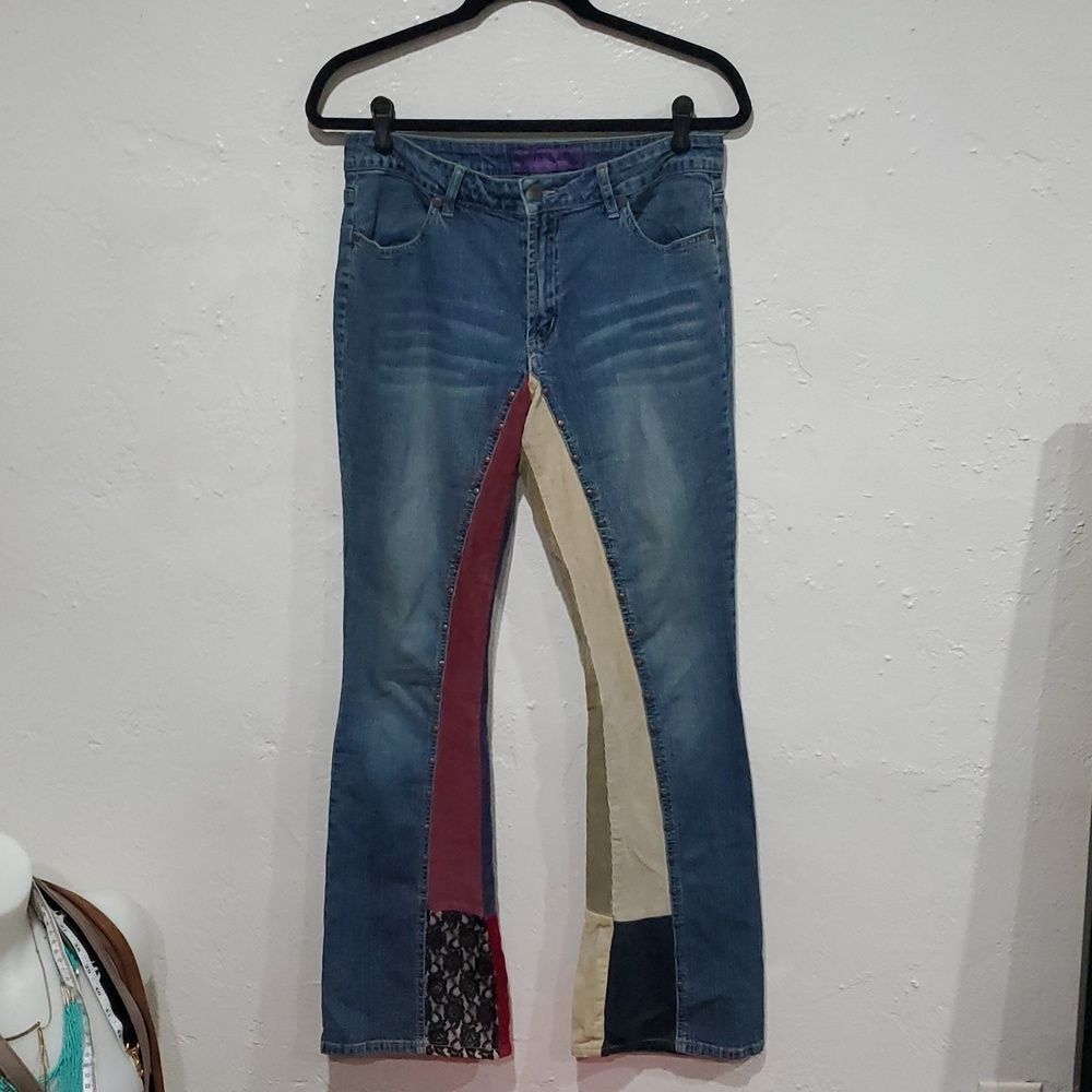 Y2K Gypsy Jeans Boot Cut Jeans With Corduroy Patches & Studs